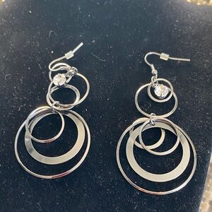 Silver Multi-Hoop Drop Earrings with Crystal Accent